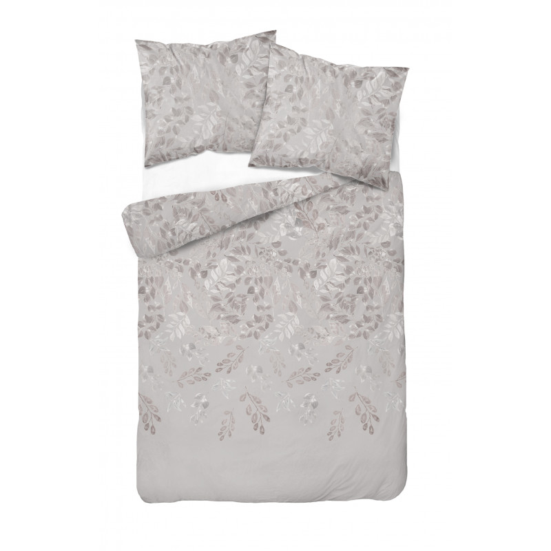 Pościel satyna bawełniana 200x220 - 3cz beżowo szara liście 3198B